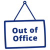 A hanging sign graphic with the words "out of office" on it