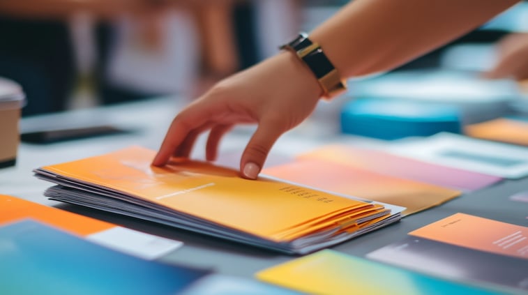 Employee organizing professionally printed business brochures and marketing materials in a modern office workspace for production printing workflow management.