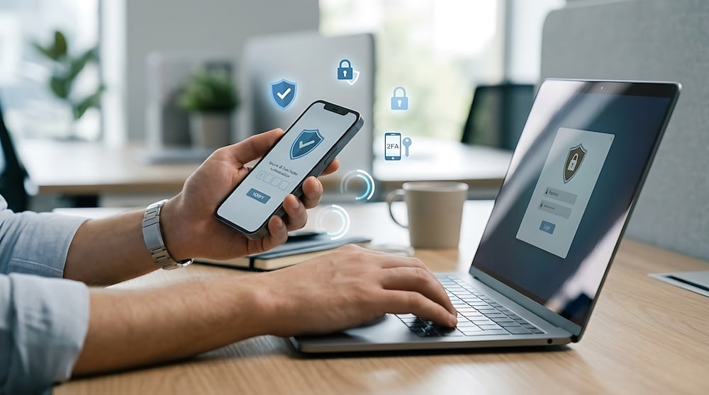Business professional using a smartphone to complete multi-factor authentication while signing in on a laptop.