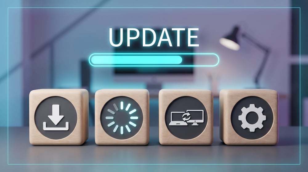 Software update progress bar with download, loading, device synchronization, and settings symbols.