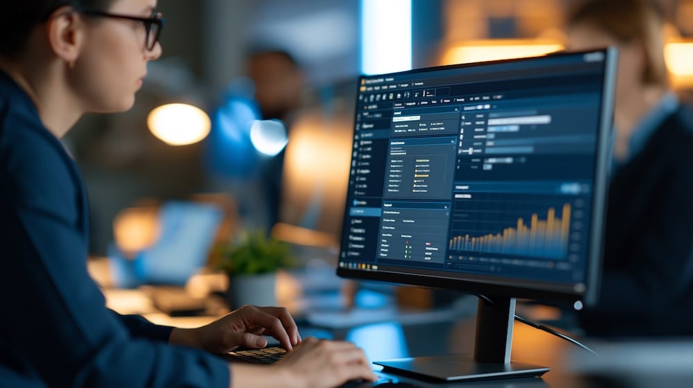 Cybersecurity specialist monitoring security alerts and network activity on a computer screen.