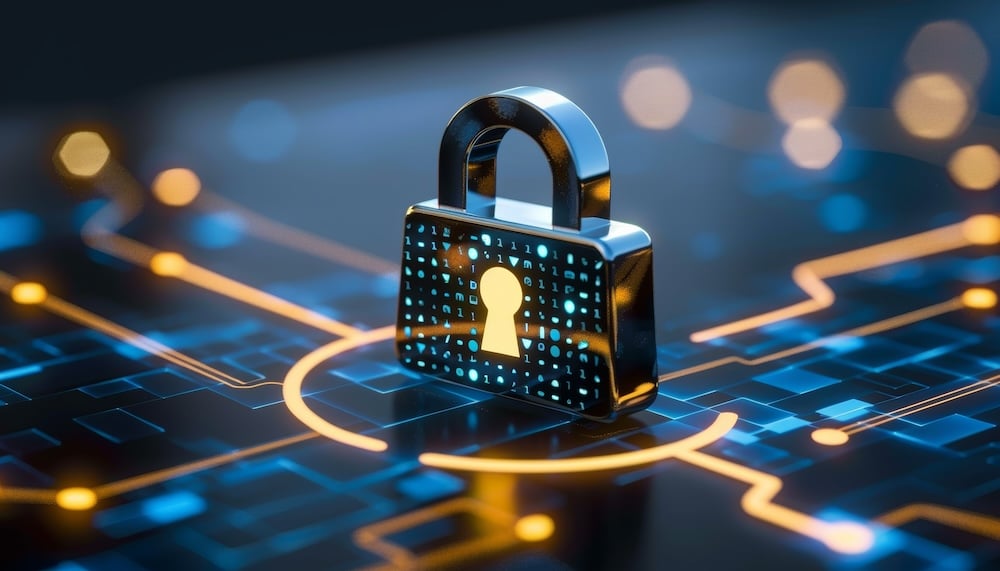 Digital padlock protecting a business network to represent cybersecurity strategy, data protection, endpoint security, multi-factor authentication, and layered IT security for small and midsize businesses.