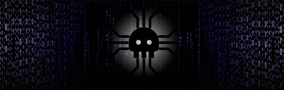 A faded skull graphic over a cyber and coded background