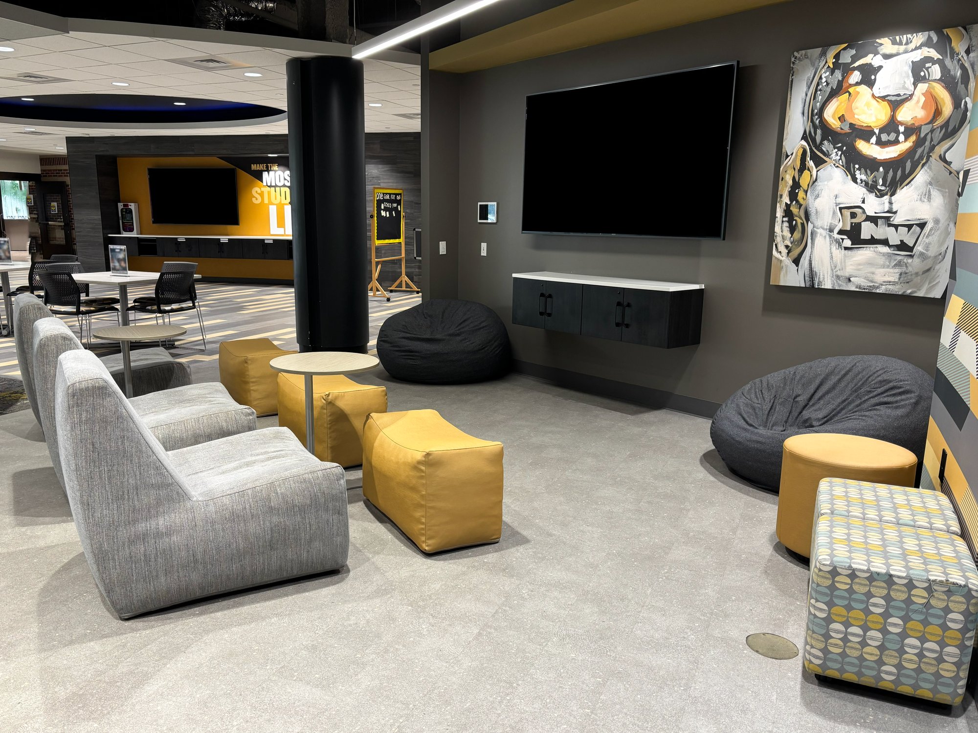Bean bag chairs, soft chairs, and stools in black, silver, and gold in front of a TV Bean bag chairs, soft chairs, and stools in black, silver, and gold in front of a TV