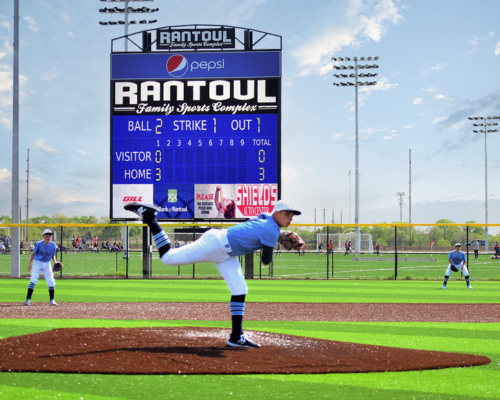An outdoor Watchfire video display being used as a baseball scoreboard.