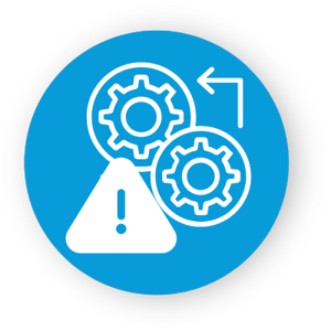 Two gears, an arrow going from one to the other, and a warning triangle with an exclamation point. Two gears, an arrow going from one to the other, and a warning triangle with an exclamation point.