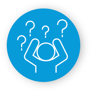 A person icon with their arms in the air and four question marks above their head. A person icon with their arms in the air and four question marks above their head.