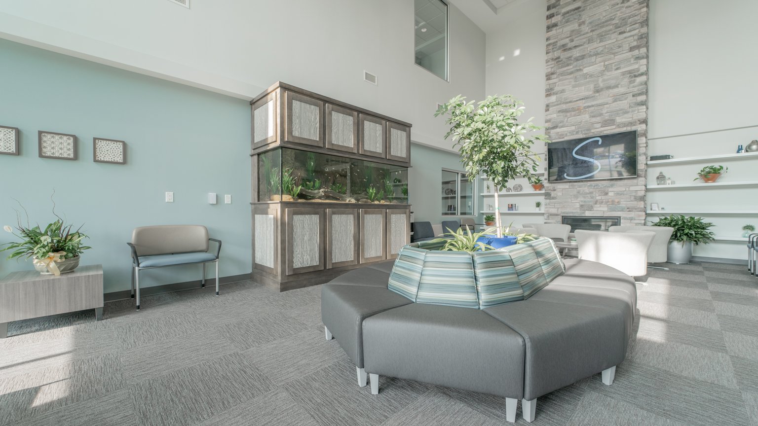 Smiles on Randolph lobby, featuring teal and grey couches, indoor plants, and a large fish tank.