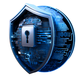 A digital, blue shield
