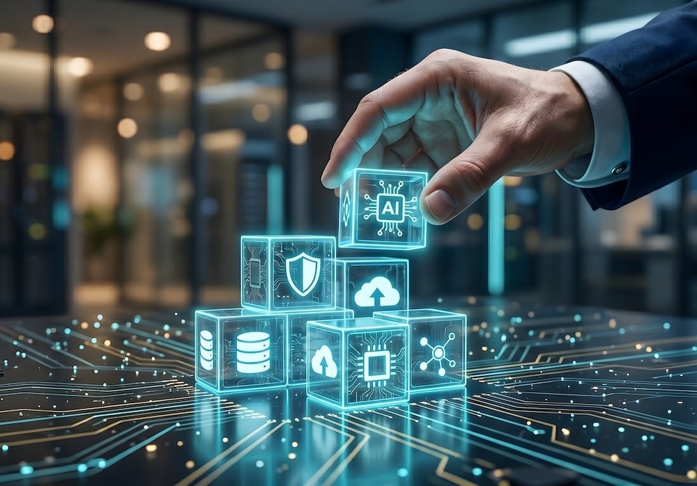 Business professional adding an AI block to a layered cybersecurity stack representing data, cloud, network, and device protection.
