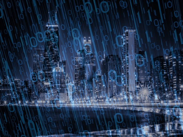 A photo of Chicago at night with a digital cyber overlay on top.