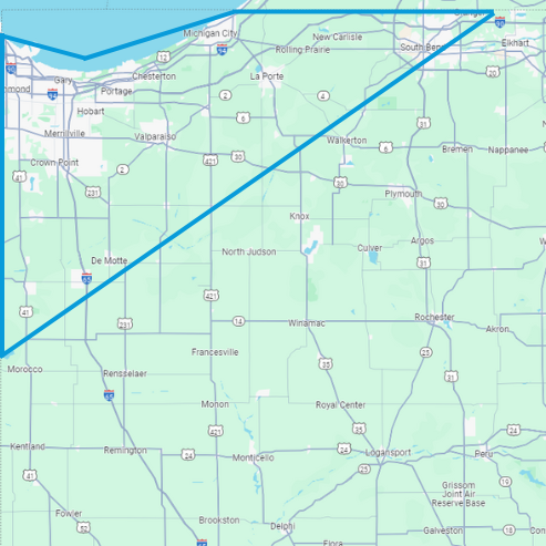 A google map of northwest Indiana with an outline showing Pulse Technology's service area. The map is mostly green showing the land with a small area on the top left showing the blue of Lake Michigan. Finally the outline of the service area is in blue.