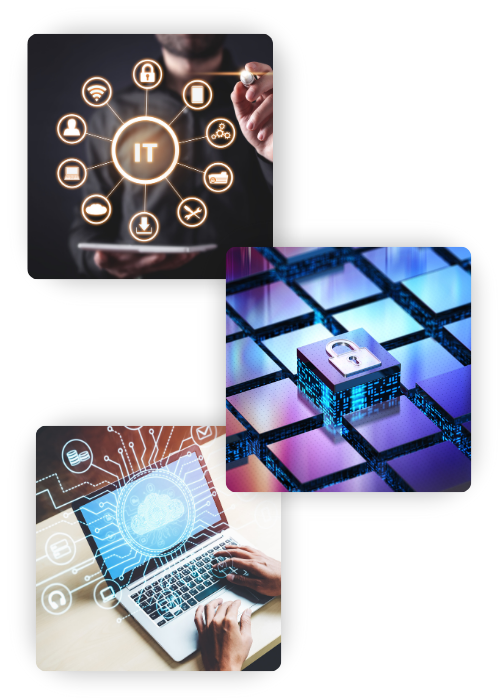 Three images. One is of an IT support, another is a raised cube with a padlock on it, and the last is a laptop with a cloud coming off of the screen. Three images. One is of an IT support, another is a raised cube with a padlock on it, and the last is a laptop with a cloud coming off of the screen.