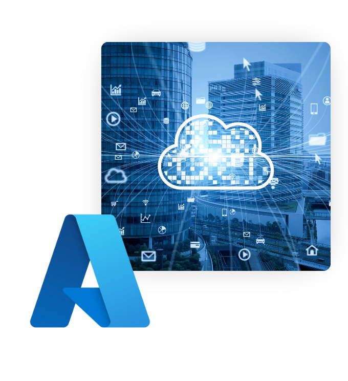Two images. A digital looking cloud connected to different icons, superimposed over a city landscape. The second image is the Microsoft Azure logo. Two images. A digital looking cloud connected to different icons, superimposed over a city landscape. The second image is the Microsoft Azure logo.