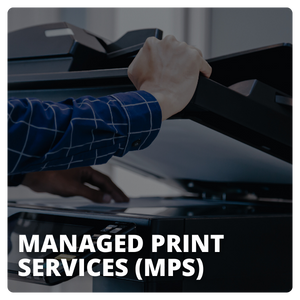 A person copying on a multifunctional printer. Text: Managed Print Services (MPS)