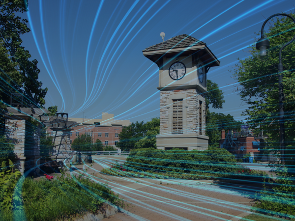 A photo of Naperville, Illinois with a cyber-type graphic on top.