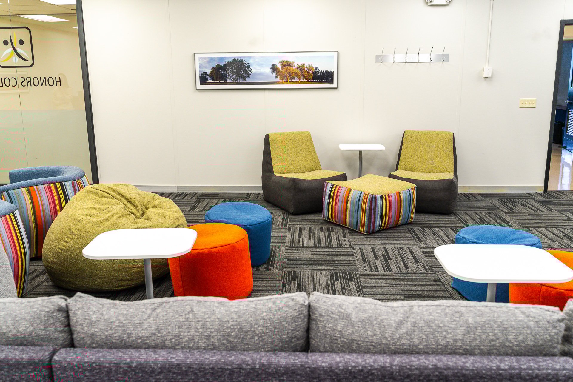 Multi-colored bean bags with tables Multi-colored bean bags with tables