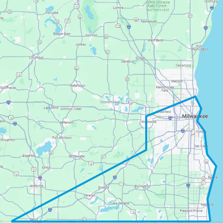 A map of Wisconsin and a blue outline showing the service area