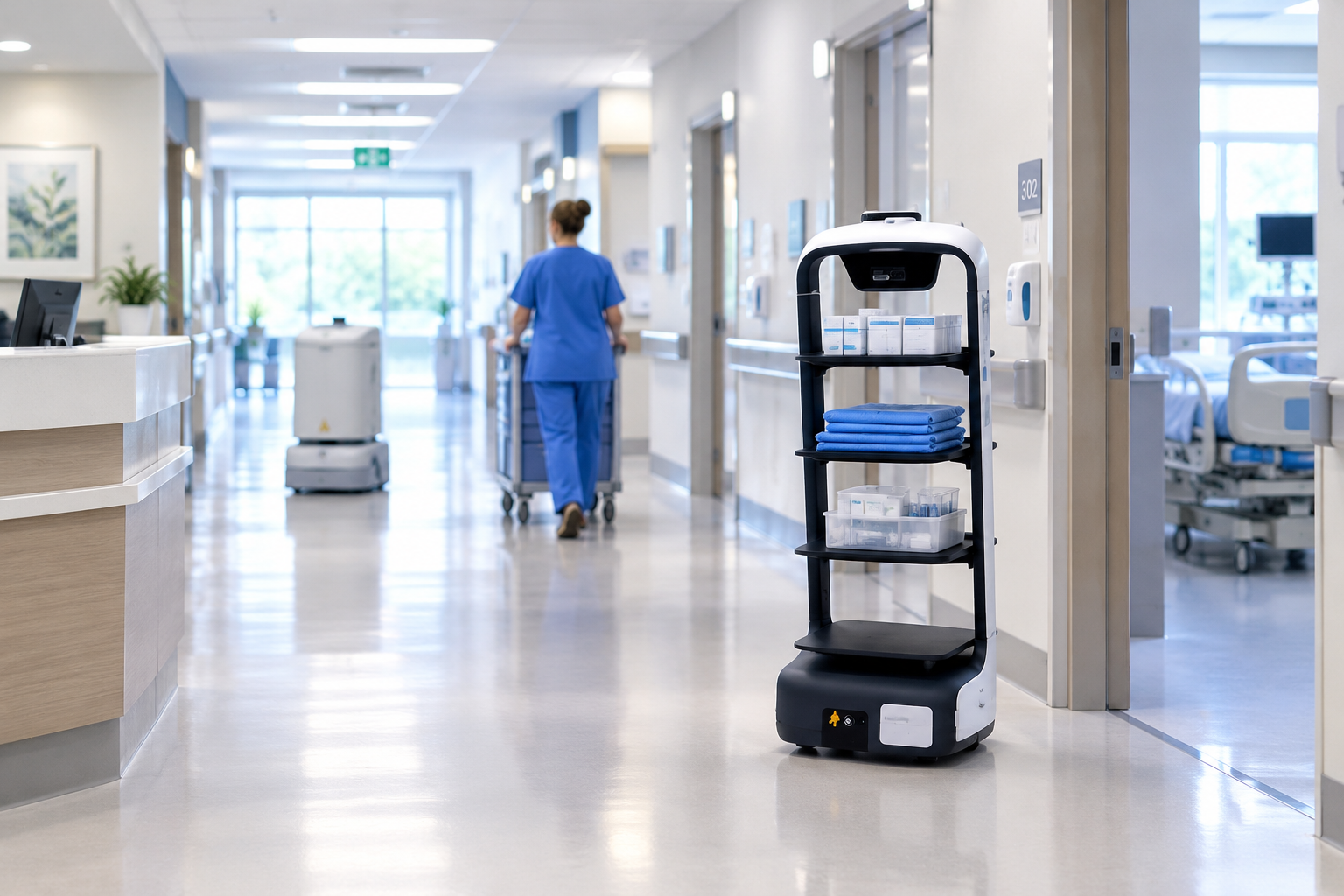 Autonomous delivery robot carrying medical supplies and linens in a hospital corridor, with a floor-cleaning robot operating in the background and a healthcare worker pushing a cart.